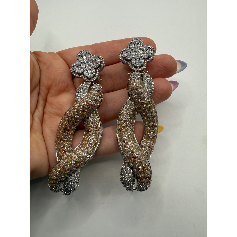 Champagne Crystal Twisted Drop Statement Earrings Silver Tone Clover Post 3.5"